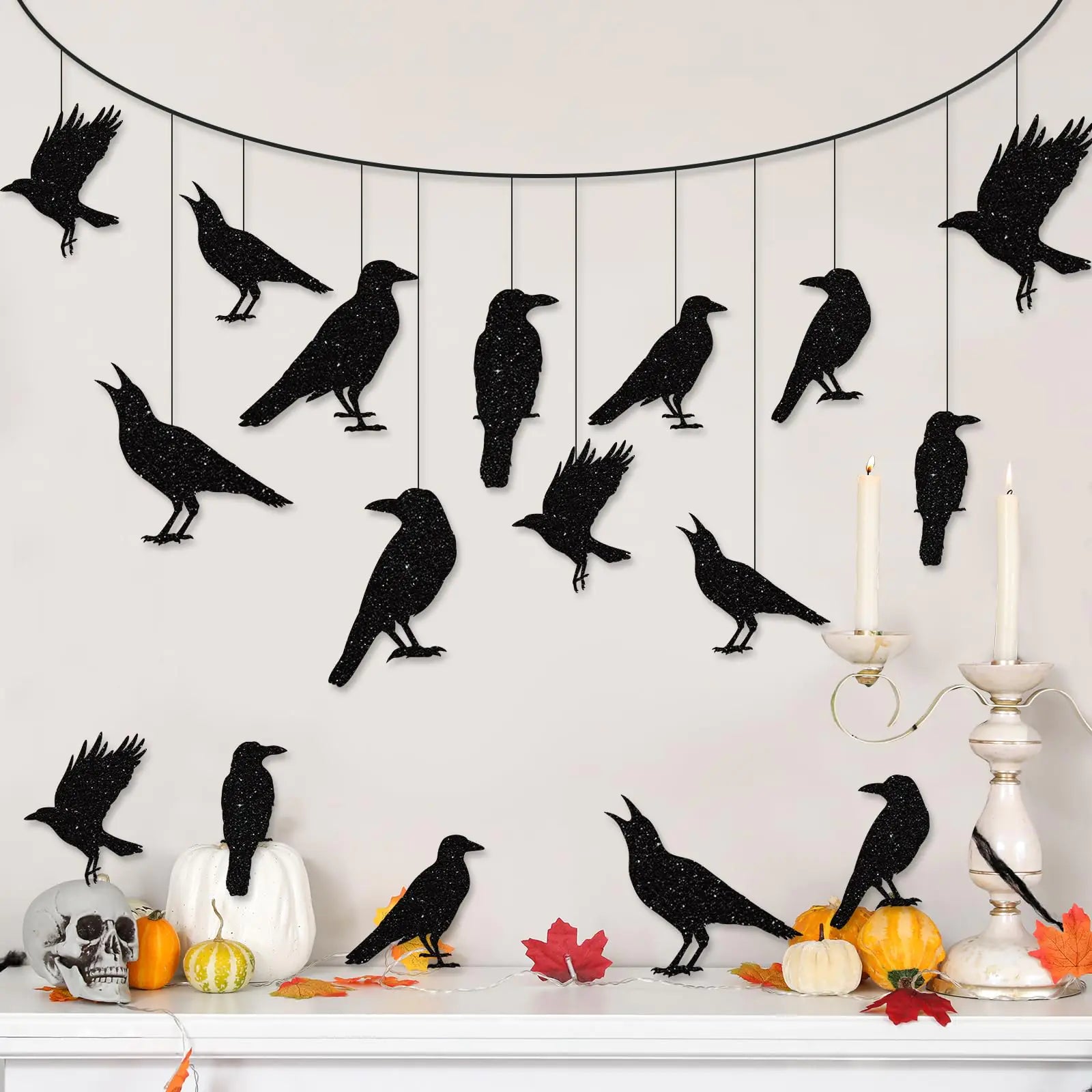 40pcs Glitter Black Crow Halloween Decorations