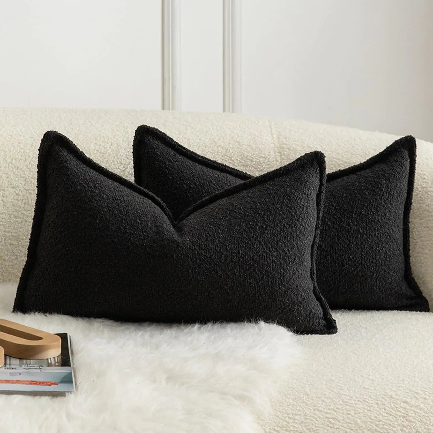 MANDIOO 2-Pack Textured Black Bouclé Pillow Covers 12x20"