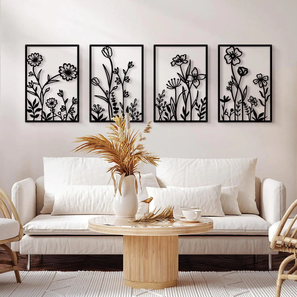 Minimalist Black Floral Metal Wall Art Set 4 Pcs