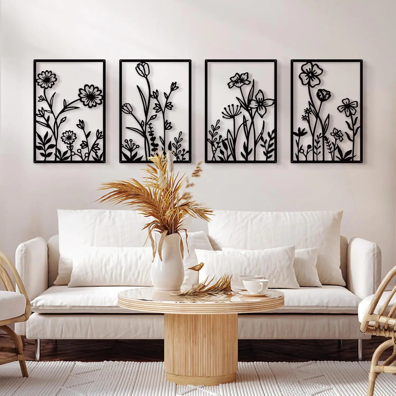 Minimalist Black Floral Metal Wall Art Set 4 Pcs