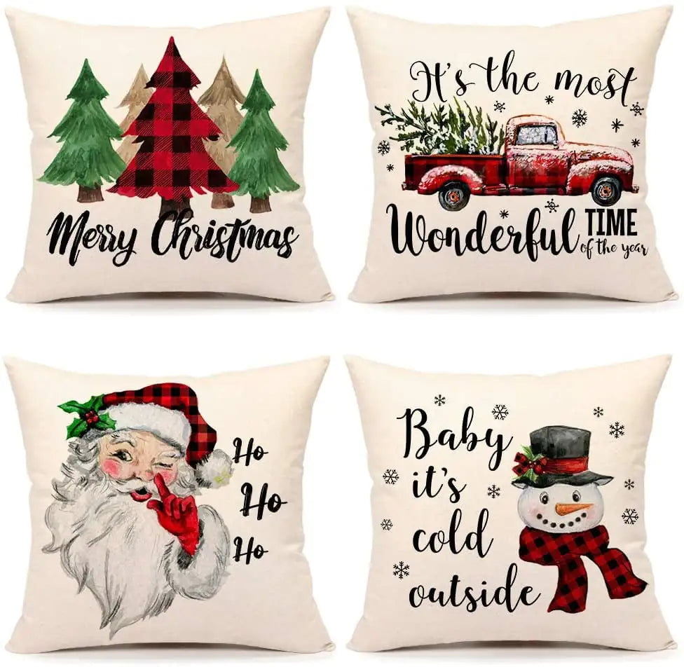 Christmas Santa Linen Pillowcase Sofa Cushion Cover
