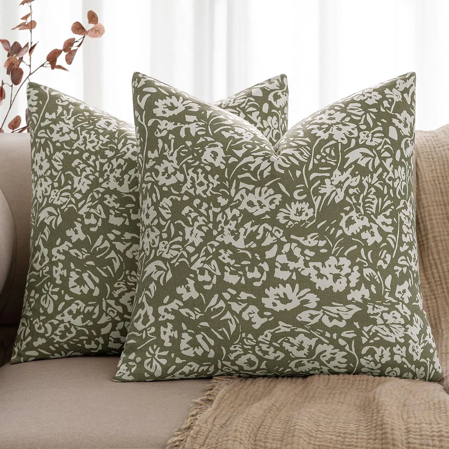 MIULEE Floral Linen Cushion Covers 18x18 Pack of 2