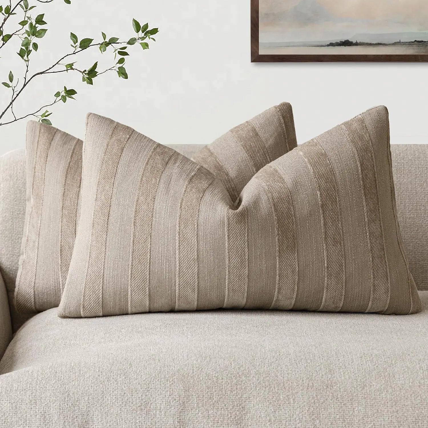 Luxury Chenille Lumbar Pillow Cover Set, 12x20 Inch, Khaki Tan