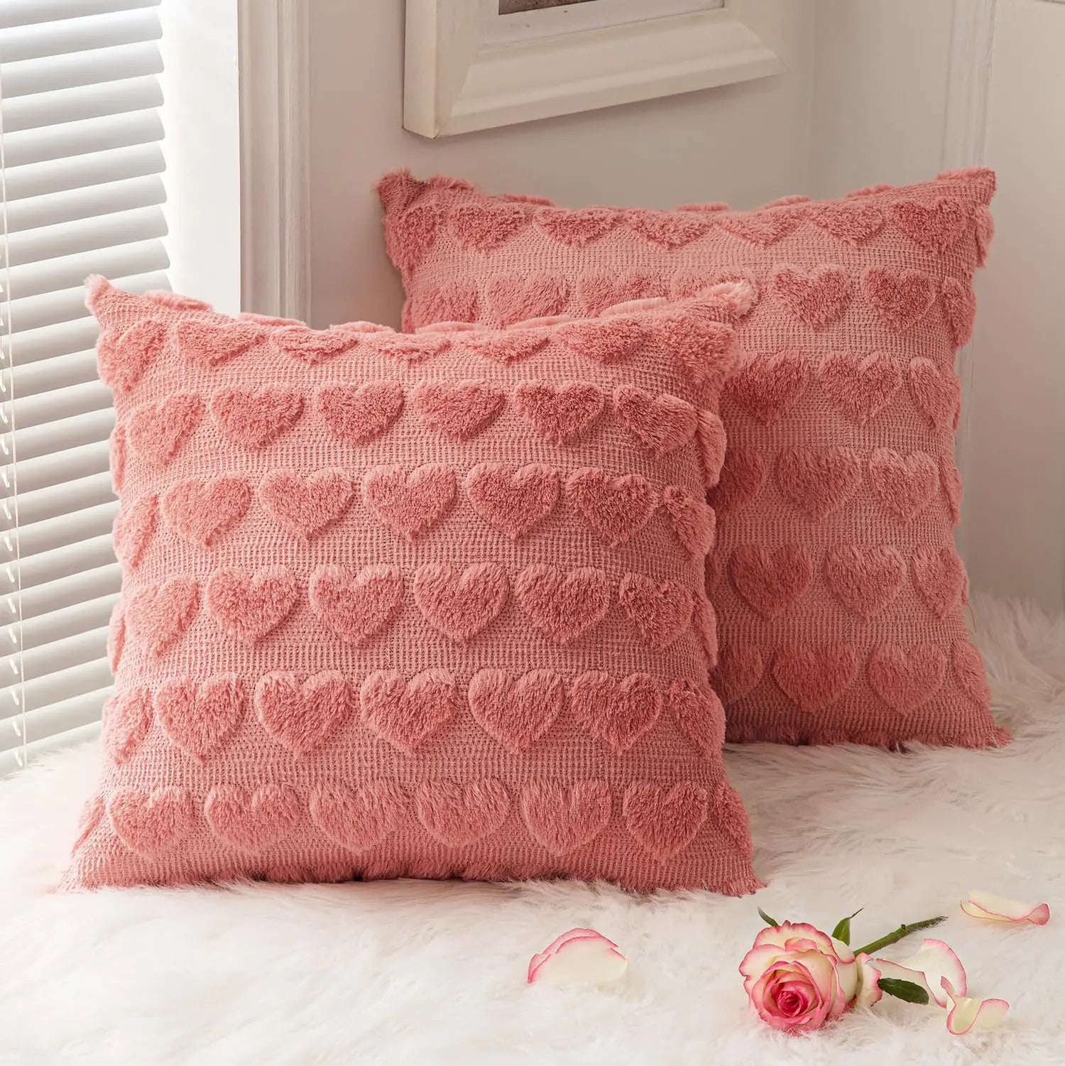 MIULEE Plush Heart Love Coral Red Pillow Covers 16x16 Set of 2