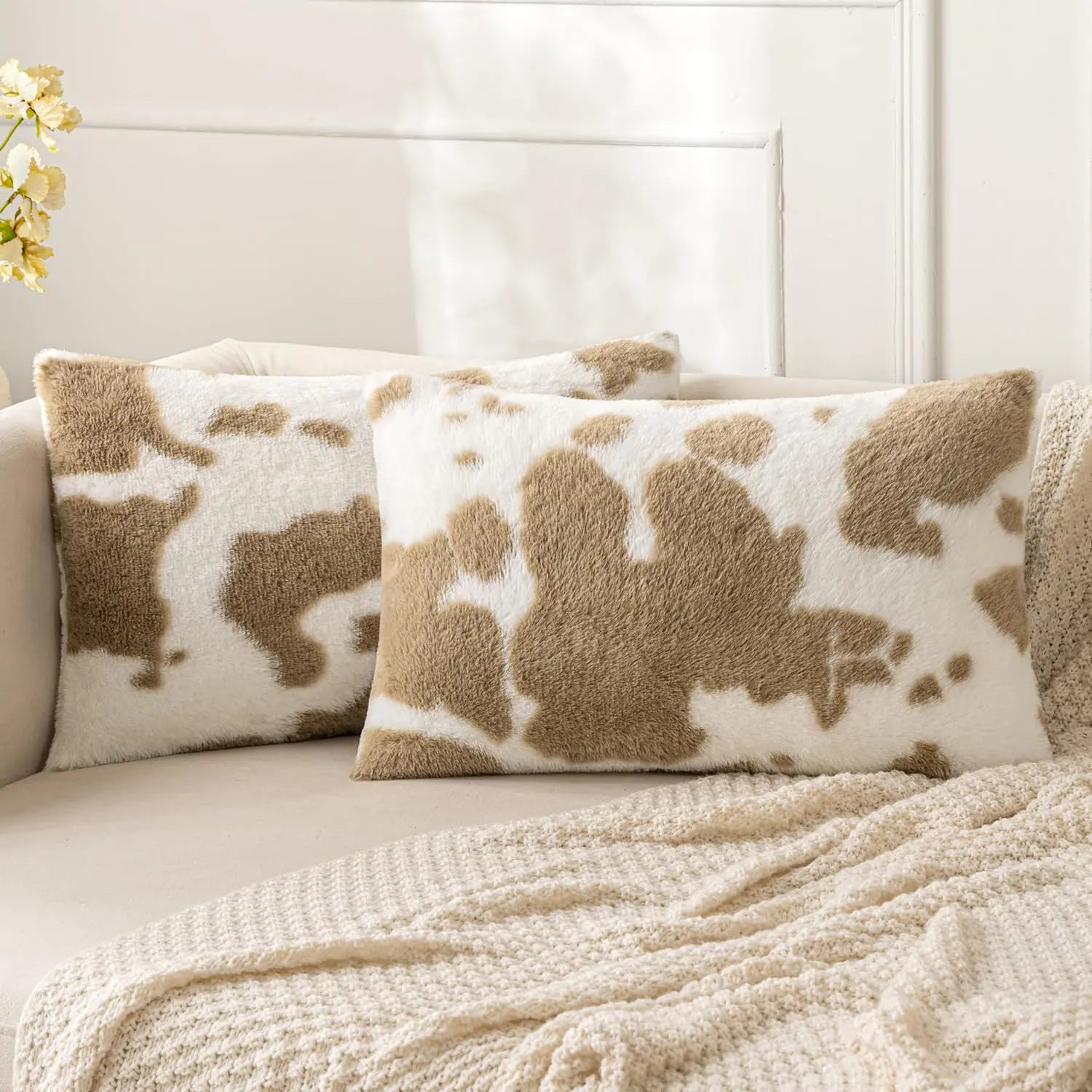 Faux Fur Throw Pillow Covers 12x20" 2-pc Cowhide Print