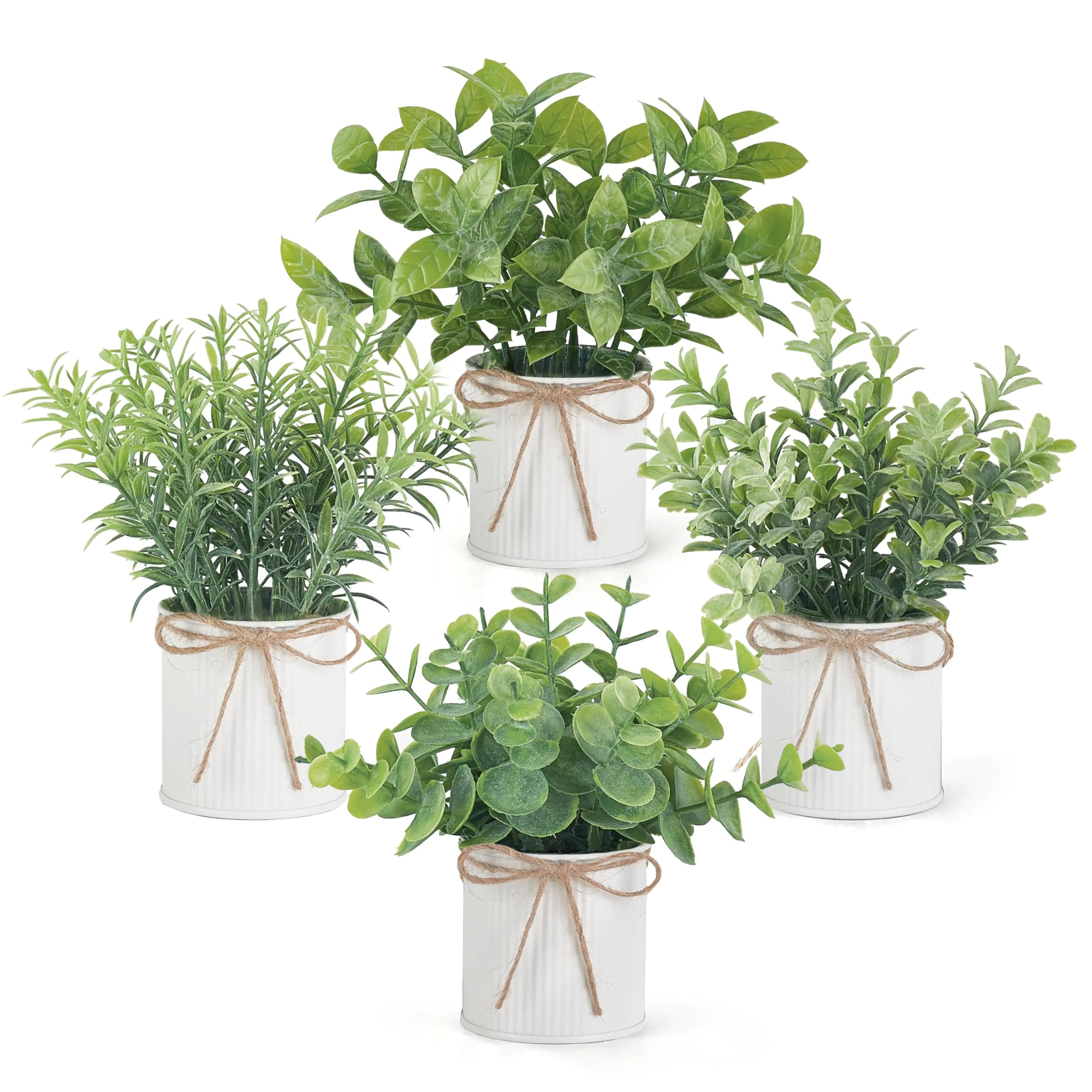 Mini Plant Quartet: Faux Eucalyptus in Metal Pots