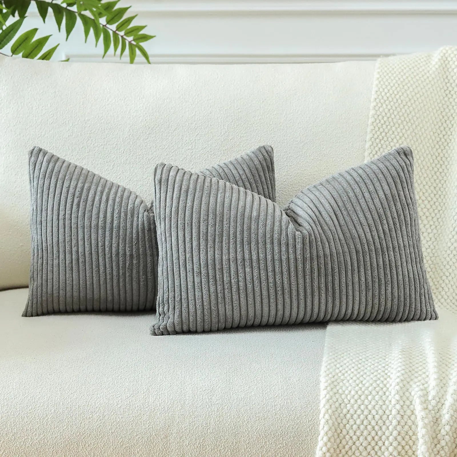 Throw Pillow Covers 16x24" 2-pc Soft Grey Corduroy Solid Striped Boho