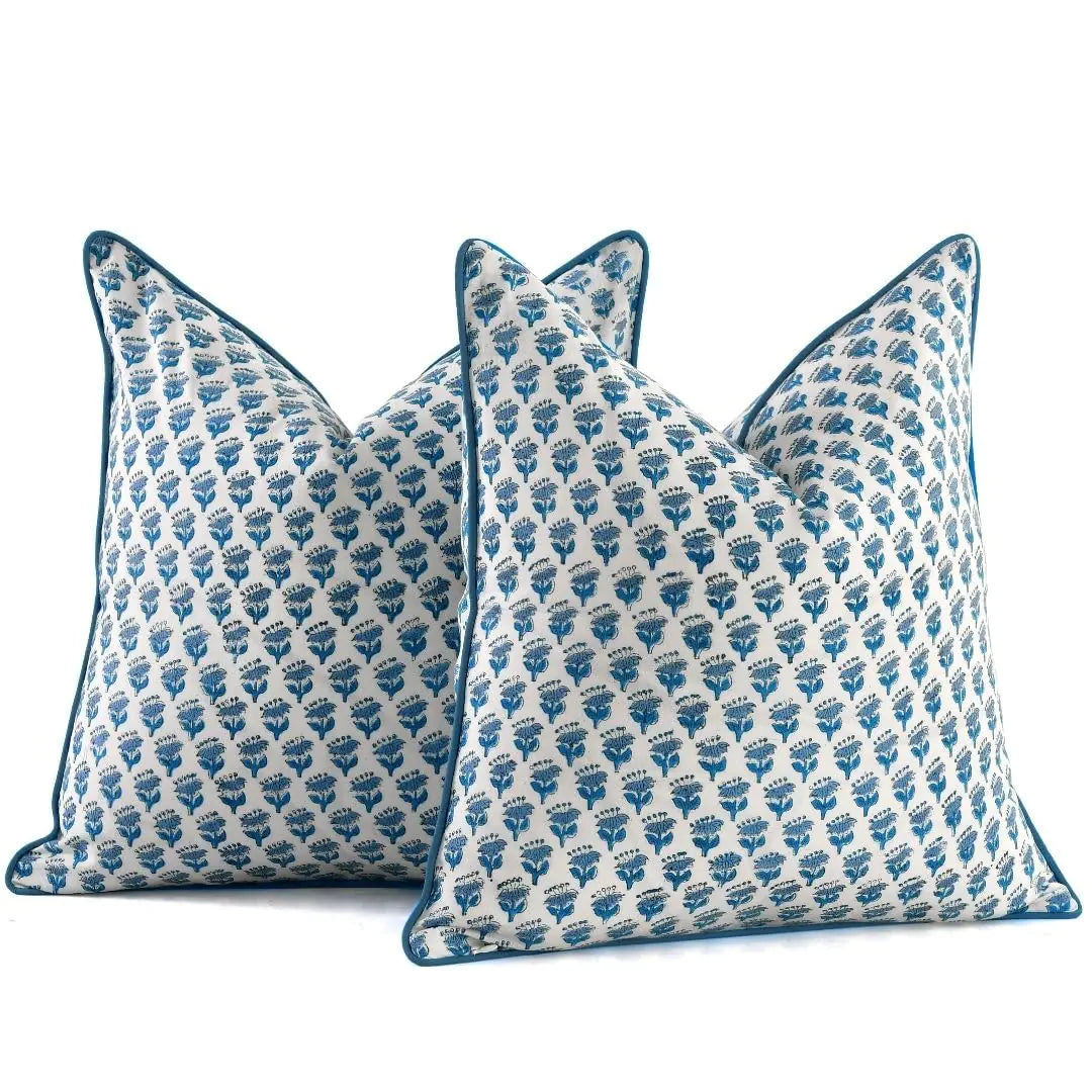 Throw Pillow Covers 24x24" 2-pc 100% Cotton Blue Block Print Pattern
