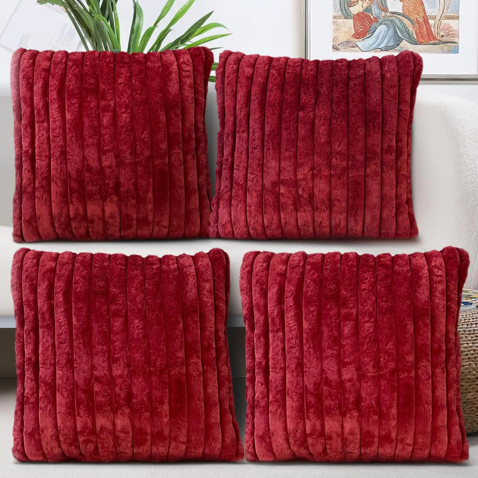 Fluffy Red Corduroy Throw Pillow Covers 16 x 16 Set of 4