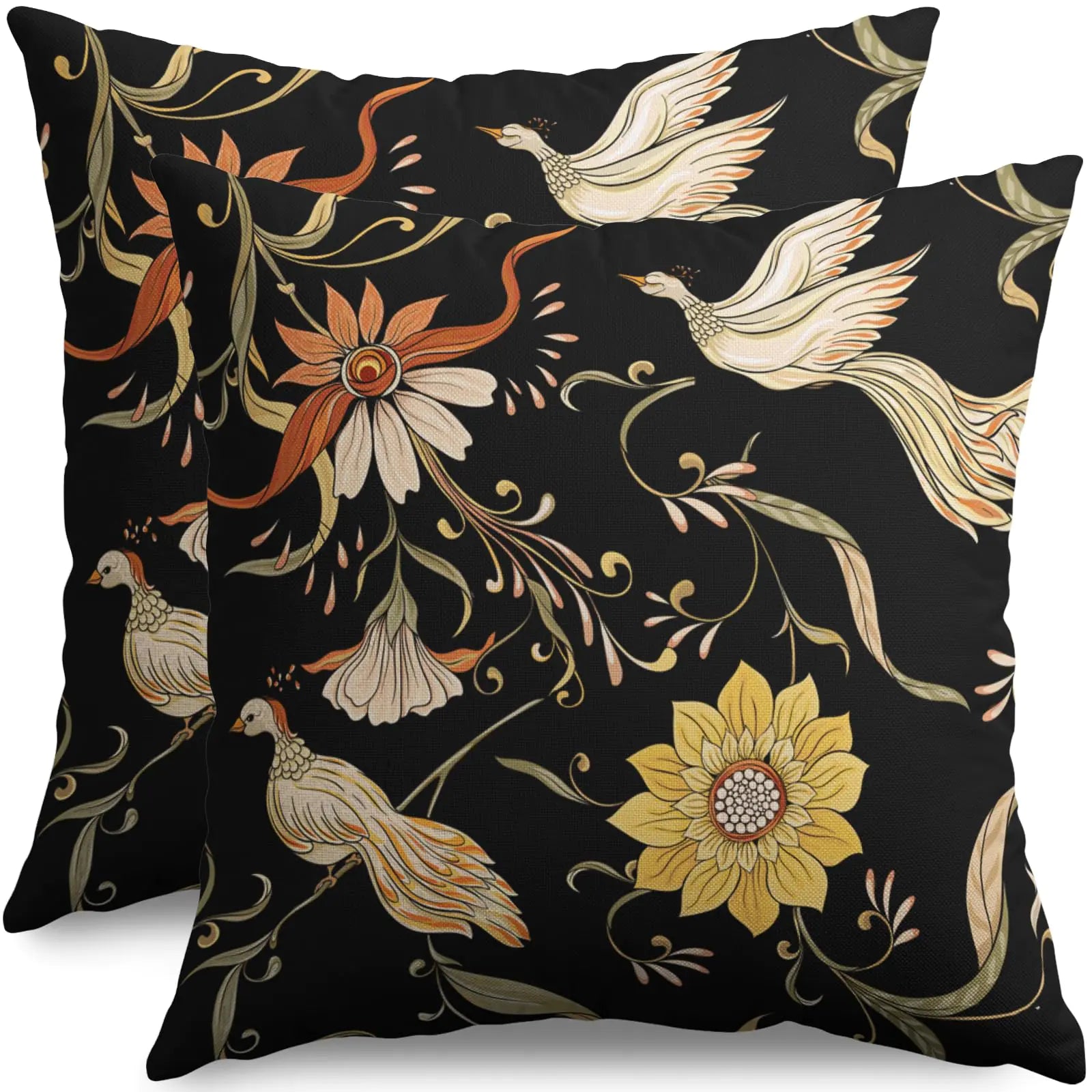 Antique Victorian Bird Art Pillow Covers 18x18 Set of 2