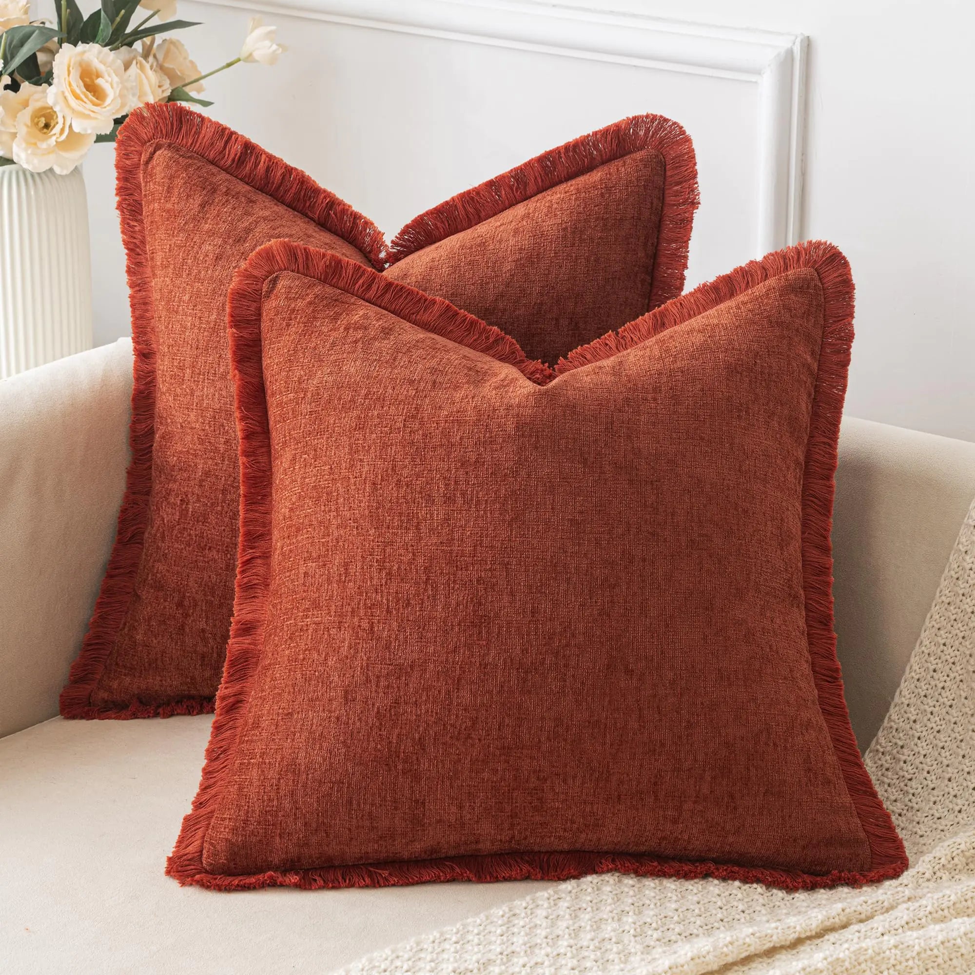 Burnt Orange Throw Pillow Covers 18x18" 2 pk Cozy Chenille