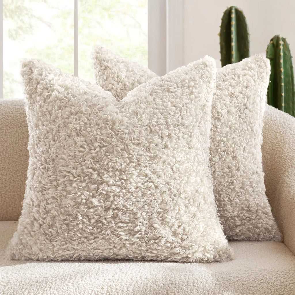 Throw Pillow Covers 20x20" Light Beige Faux Sherpa Fur, 2-pc