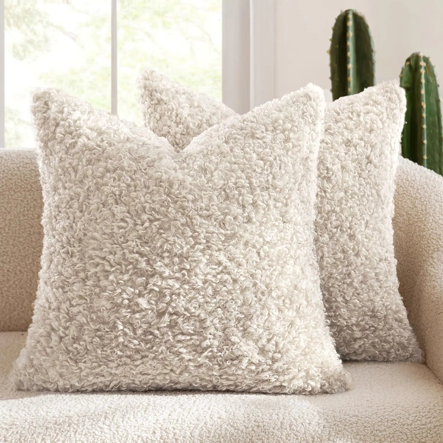 Throw Pillow Covers 20x20" Light Beige Faux Sherpa Fur, 2-pc